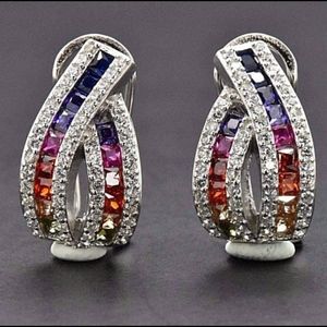 925 Silver Rainbow Sapphire Curved Design Earrings